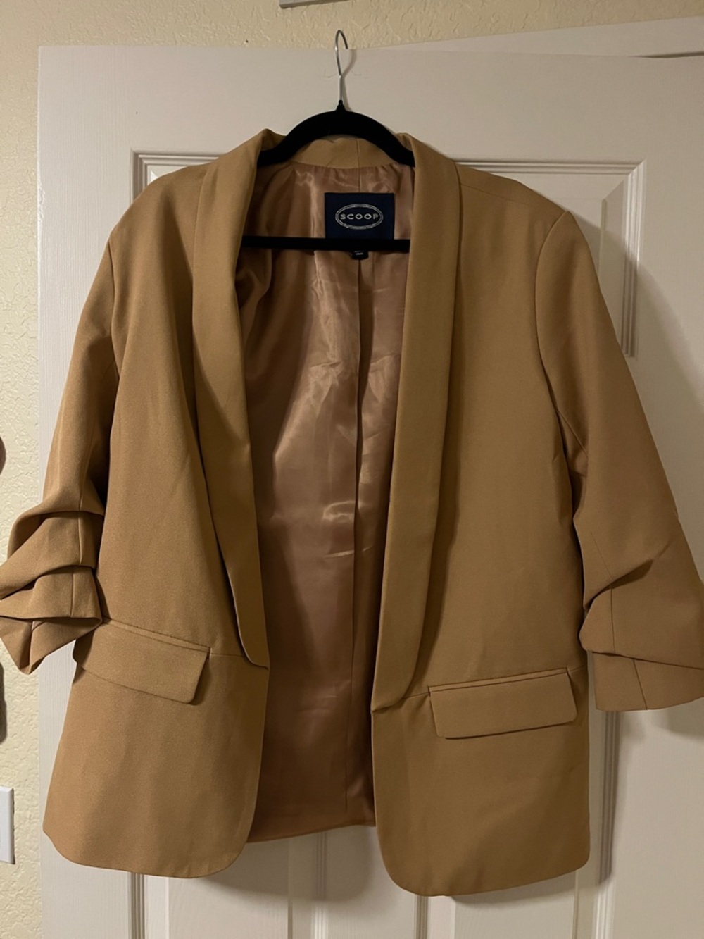 Scoop Camel Open-Front Shawl Blazer